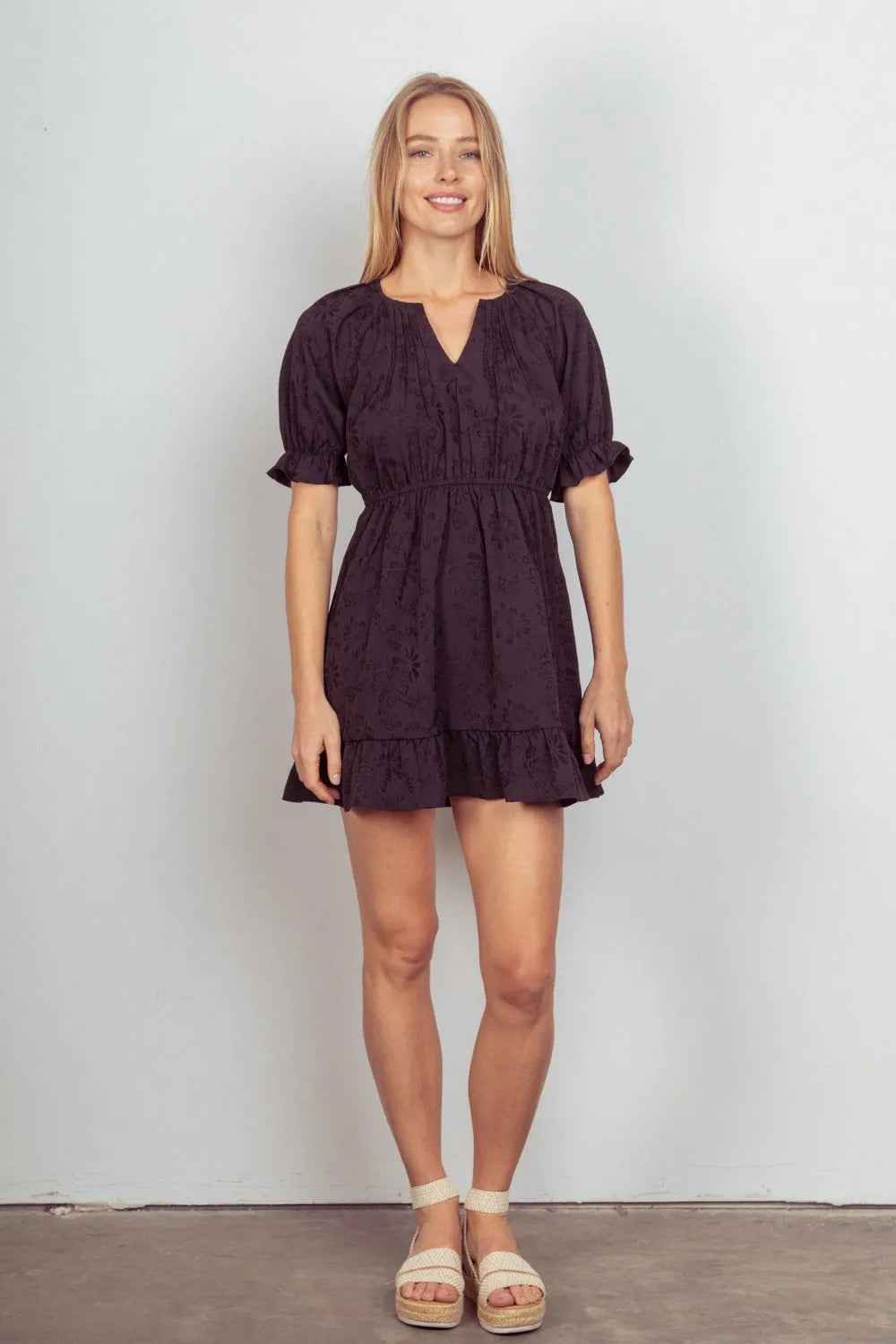 Floral Textured Woven Ruffled Mini Dress Vicsxox.com