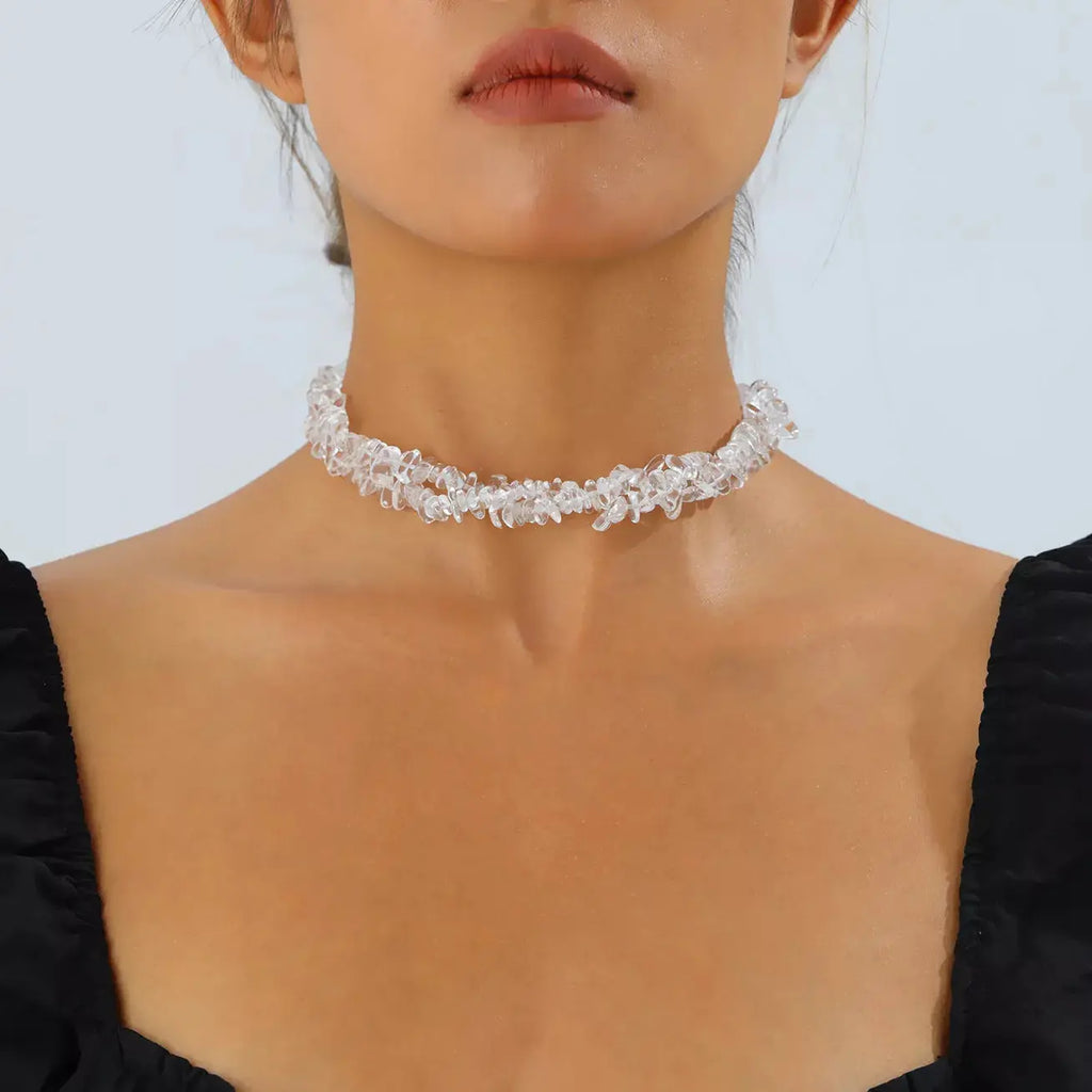 Close-up of glass detail on choker necklace
