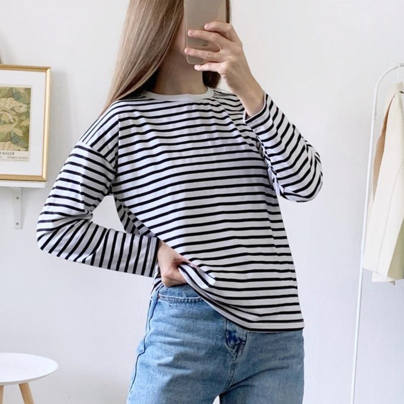 Women's Striped Long-Sleeve Cotton-Blend Crewneck Tee