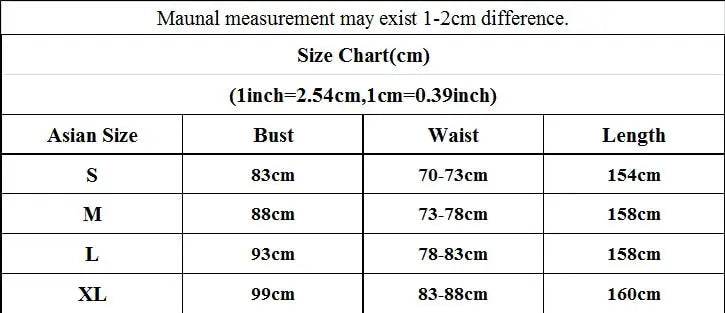 Size chart for clothing measurements in centimeters and inches.