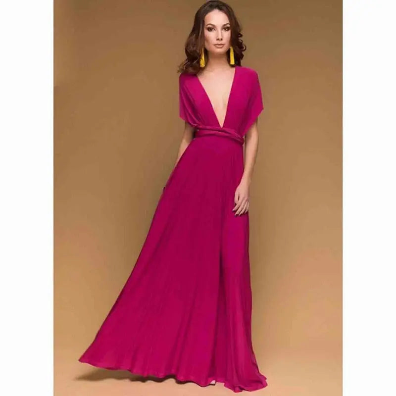 Woman wearing a vibrant pink gown against a beige background