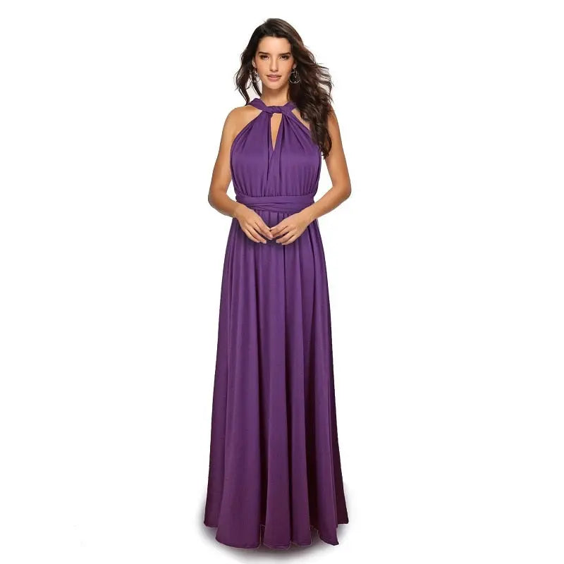 Woman wearing a purple gown on a white background