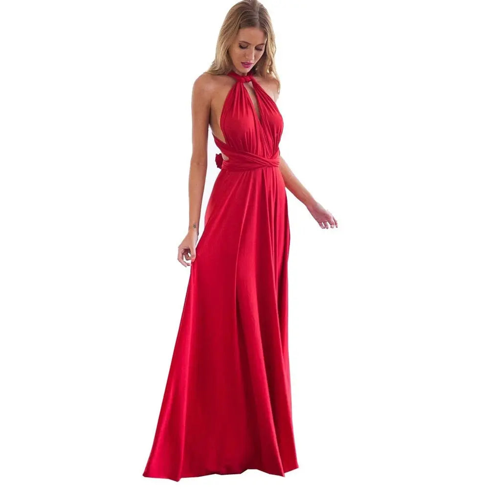 Red halter neck gown on a white background