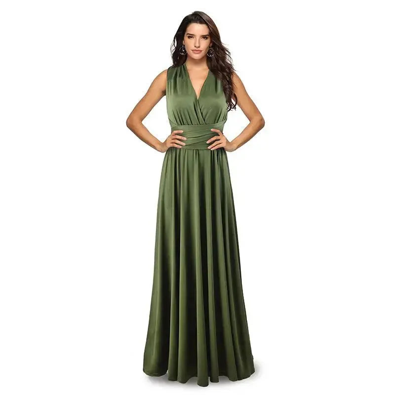 Woman wearing a green evening gown on a white background