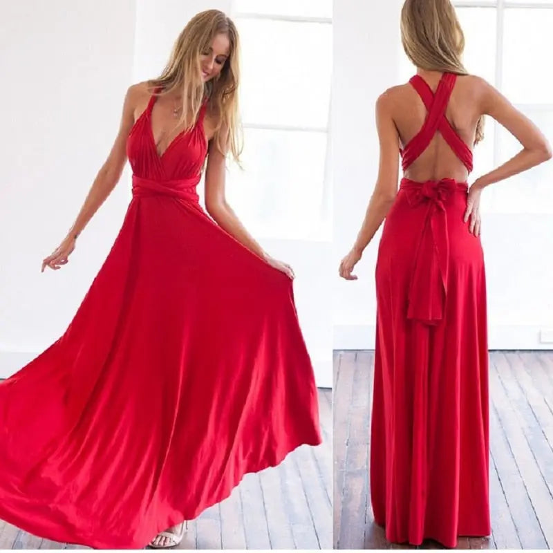 Red evening gown shown from front and back on a model.