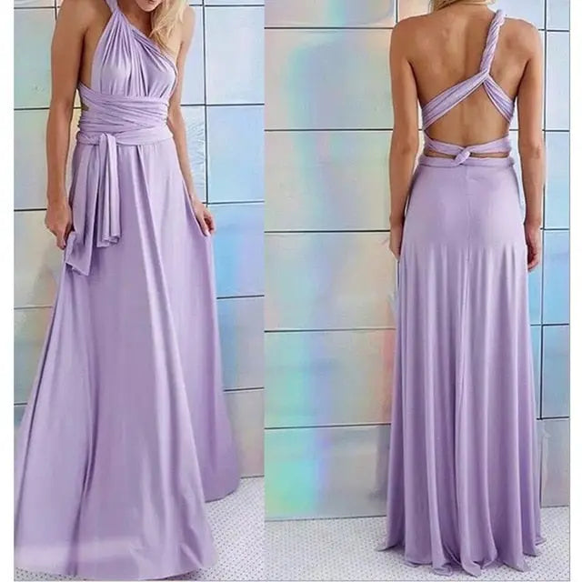 Lavender evening gown shown from front and back on a tiled floor.