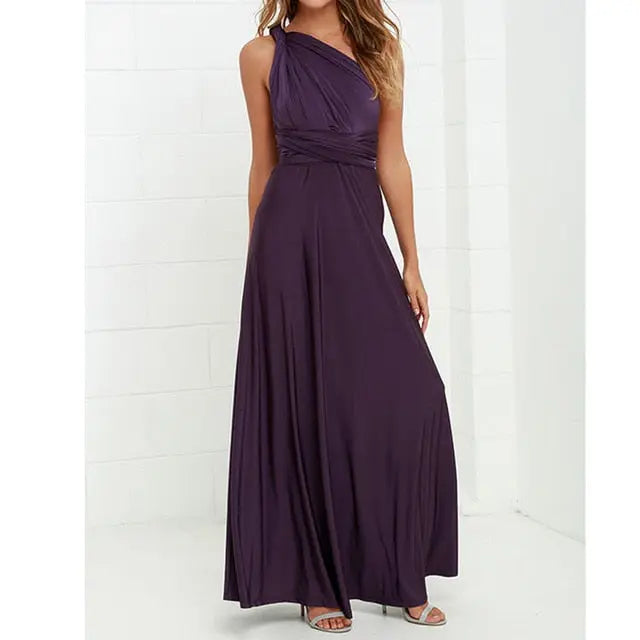 Purple one-shoulder dress on a white background