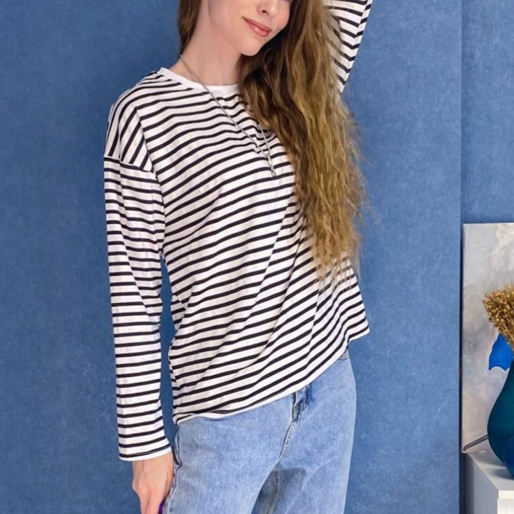 Women's Striped Long-Sleeve Cotton-Blend Crewneck Tee