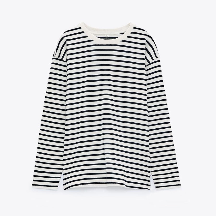 Women's Striped Long-Sleeve Cotton-Blend Crewneck Tee
