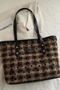 Heart Print Plaid Canvas Tote Bag with Leather Straps Vicsxox.com
