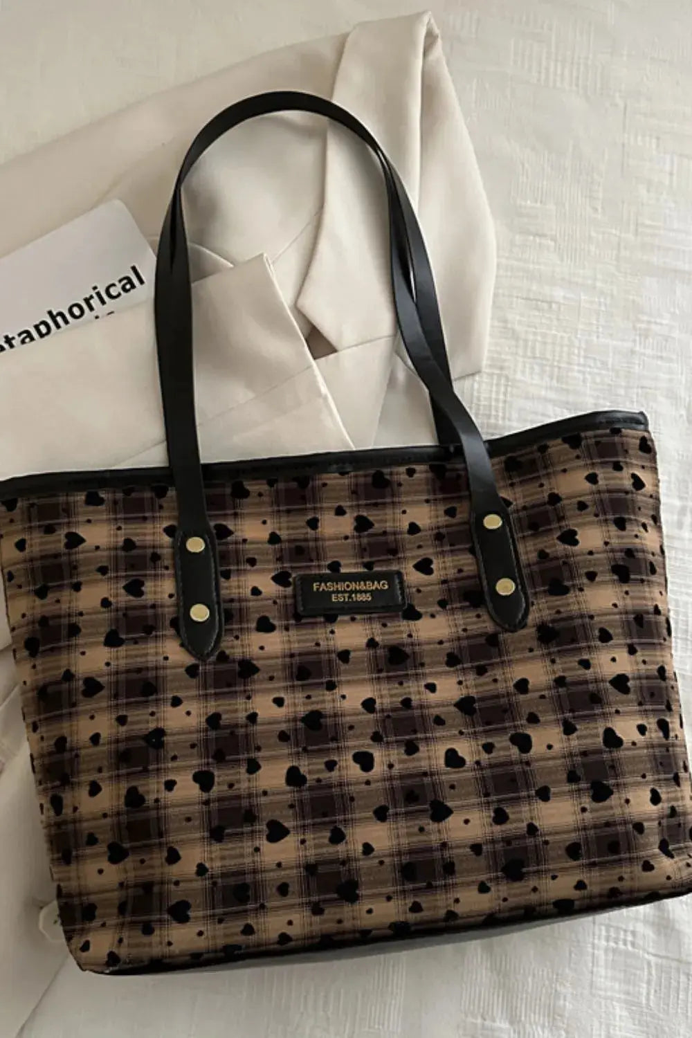 Heart Print Plaid Canvas Tote Bag with Leather Straps Vicsxox.com
