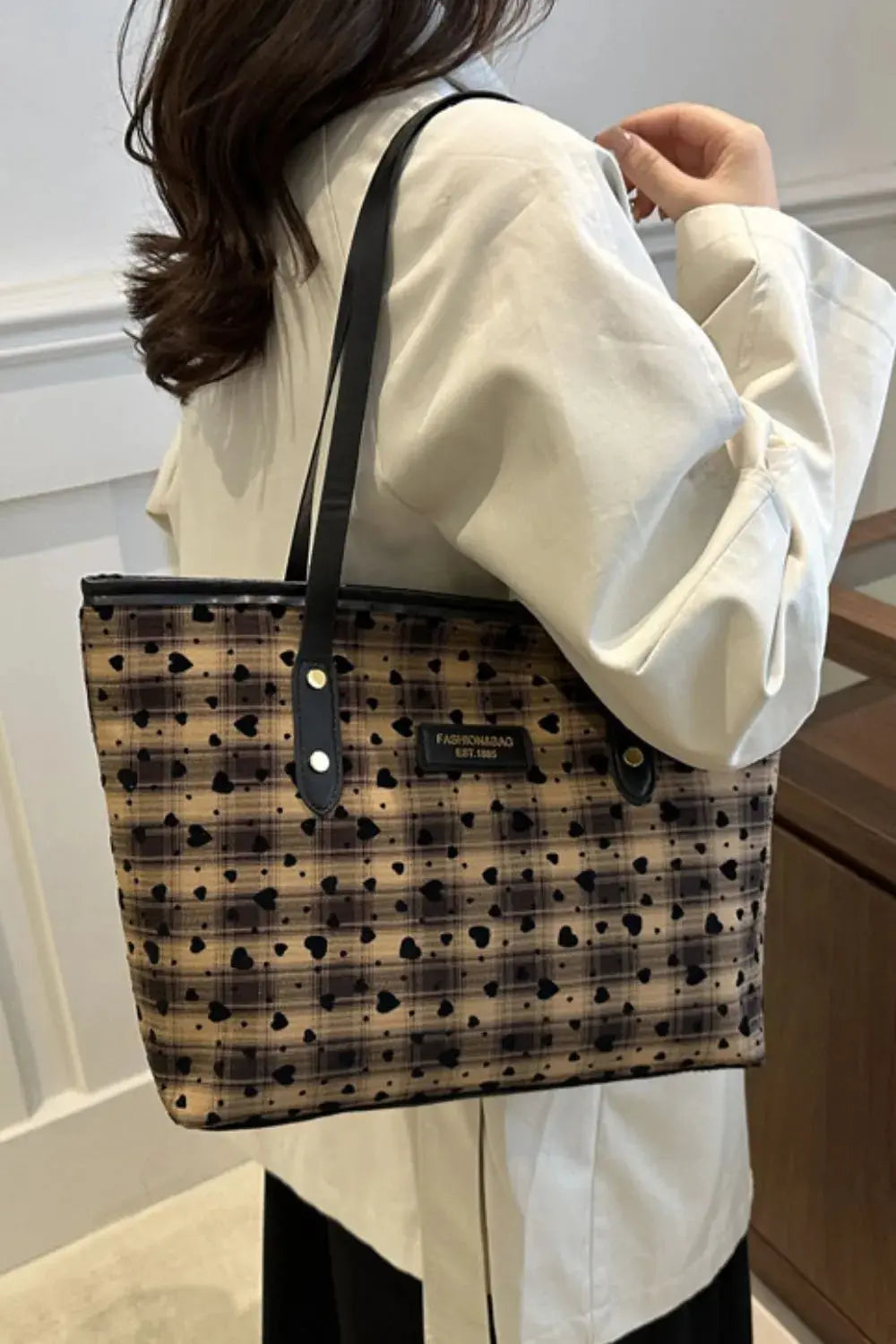 Heart Print Plaid Canvas Tote Bag with Leather Straps Vicsxox.com