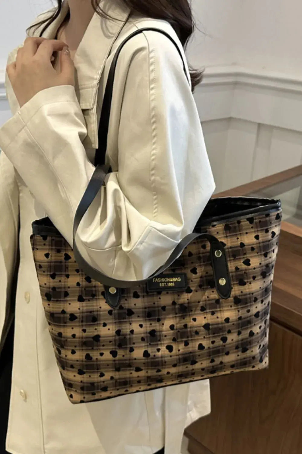 Heart Print Plaid Canvas Tote Bag with Leather Straps Vicsxox.com
