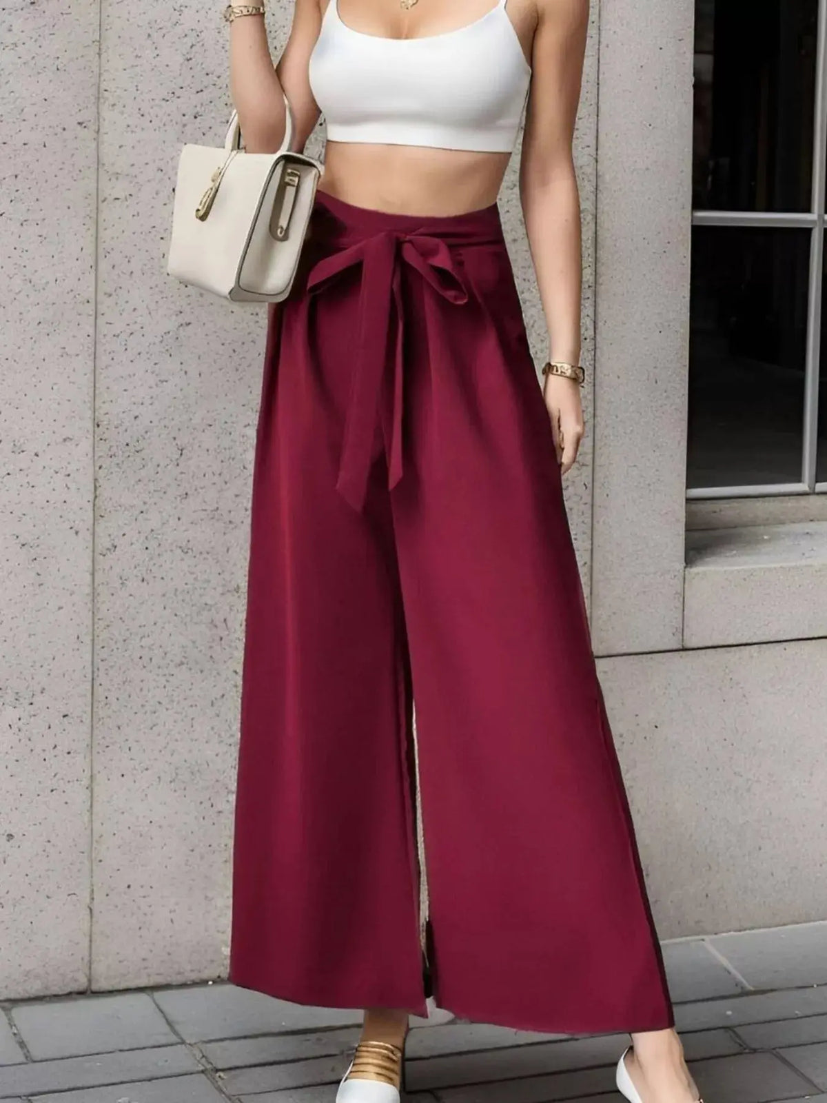 High-Waisted Wide-Leg Pants | Tie Waist Flowy Trousers Vicsxox.com