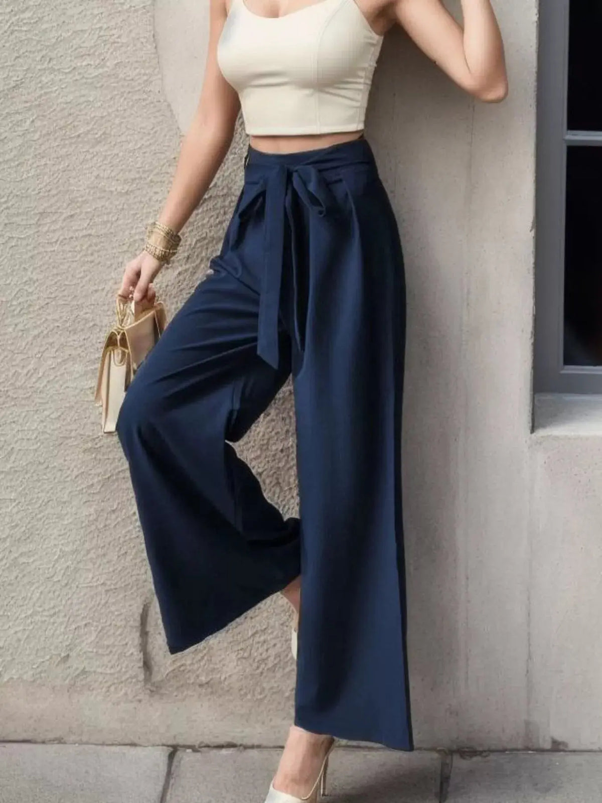 High-Waisted Wide-Leg Pants | Tie Waist Flowy Trousers Vicsxox.com