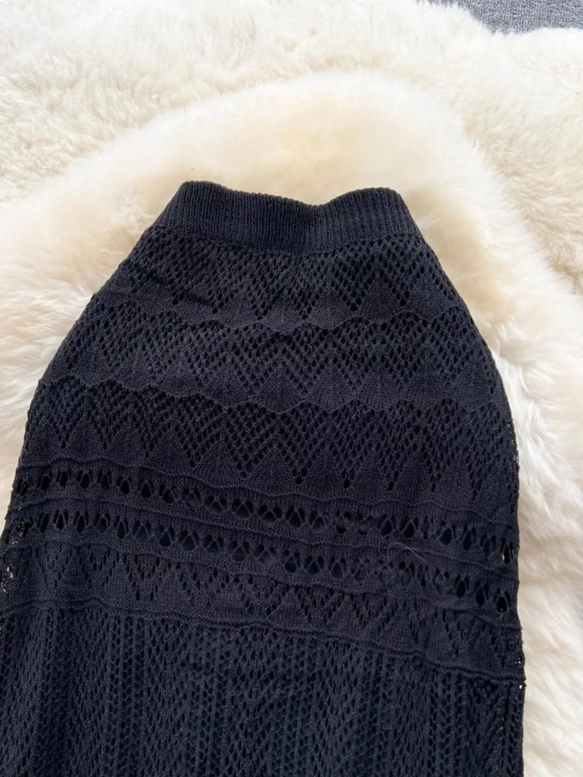 Knitted Hollow-Out Maxi Skirt Black up close. Vicsxox.com