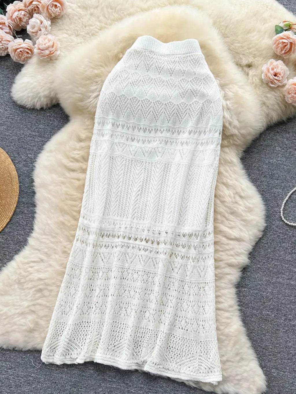 Knitted Hollow-Out Maxi Skirt White on Bear Rug. Vicsxox.com