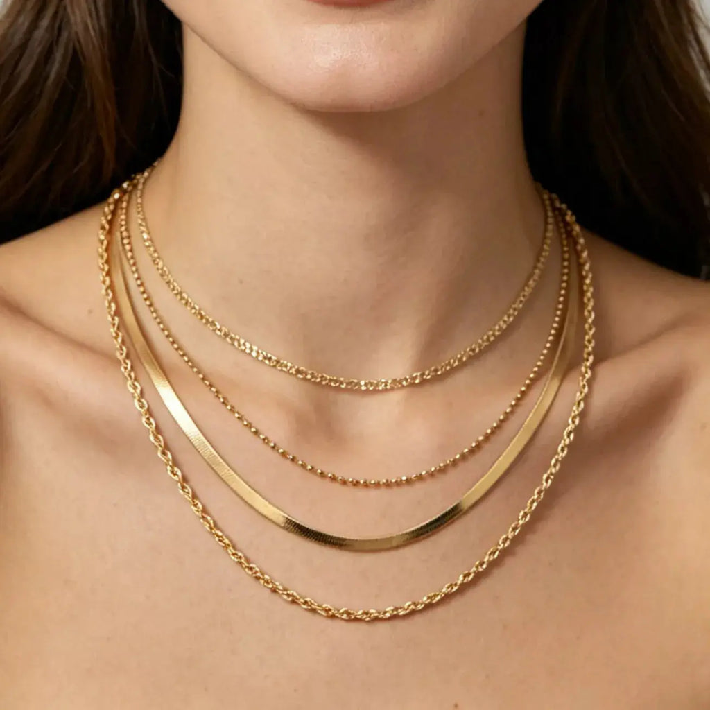 Close-up of layered chain detail on gold necklace