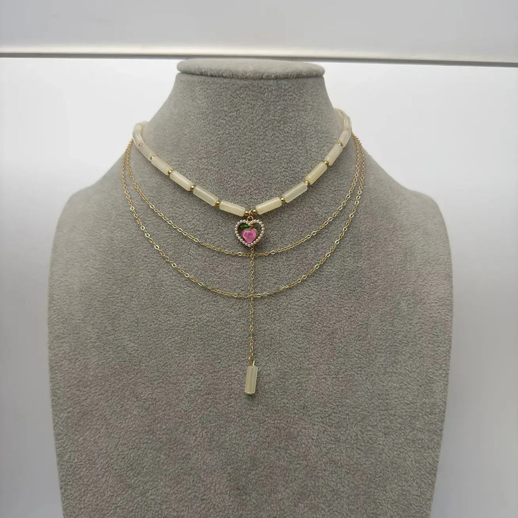 Layered Heart Pendant Necklace with Jade Beads