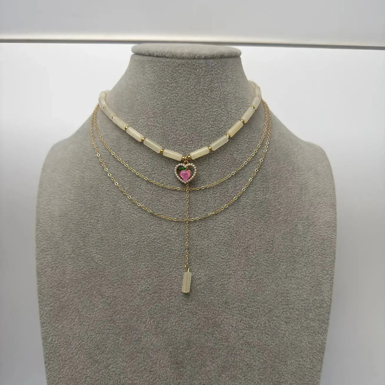 Layered Heart Pendant Necklace with Jade Beads
