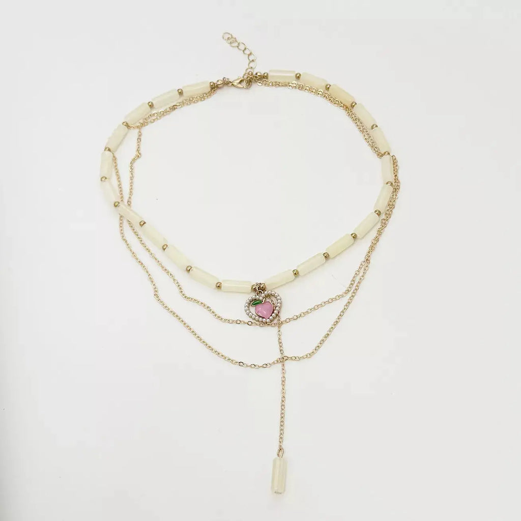 Layered Heart Pendant Necklace with Jade Beads