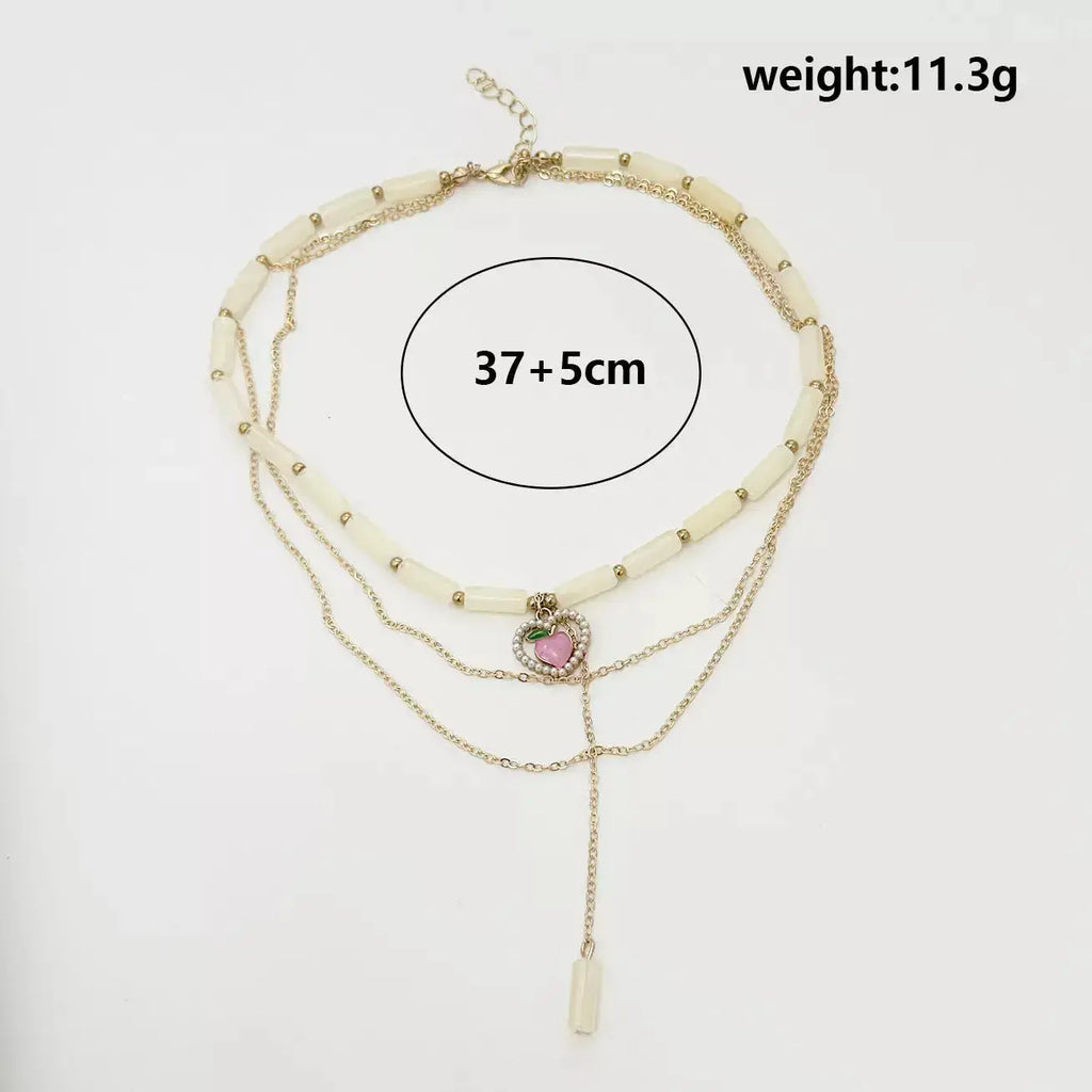 Layered Heart Pendant Necklace with Jade Beads
