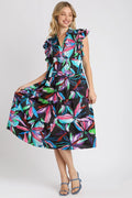 Leaf Print Double Ruffle Sleeve Tiered Midi Dress Vicsxox.com