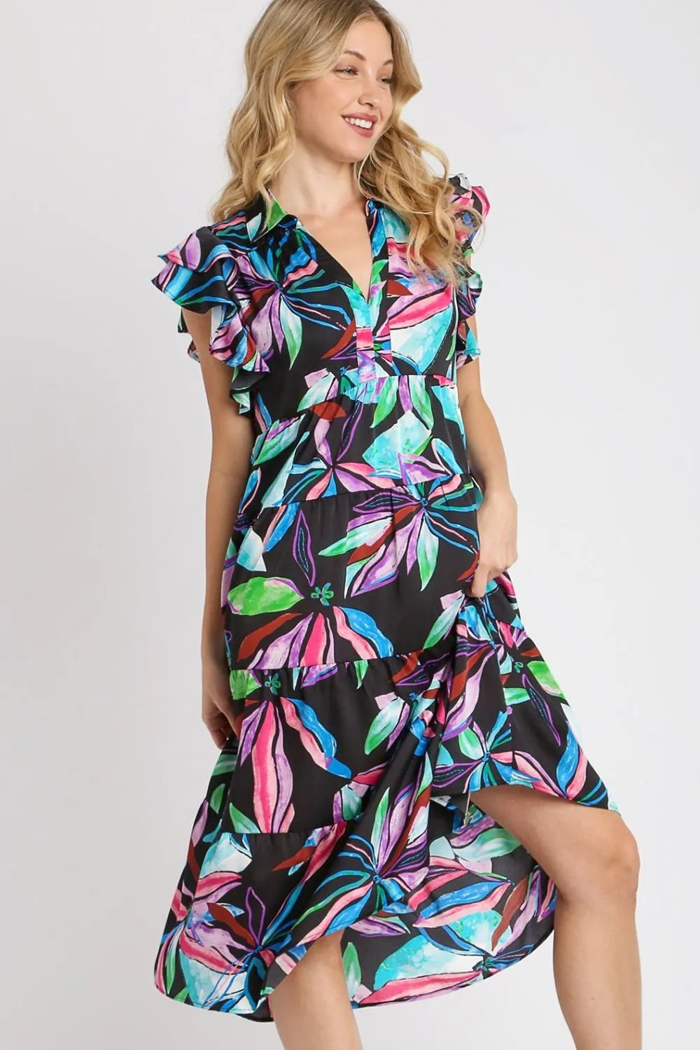 Leaf Print Double Ruffle Sleeve Tiered Midi Dress Vicsxox.com