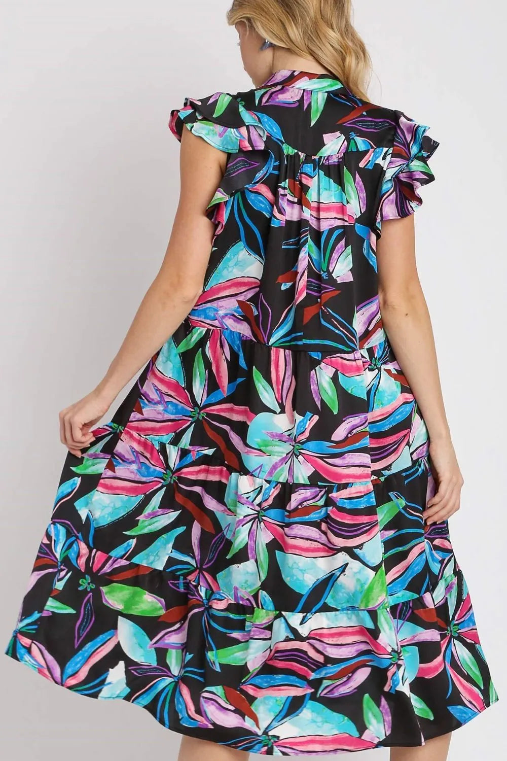 Leaf Print Double Ruffle Sleeve Tiered Midi Dress Vicsxox.com