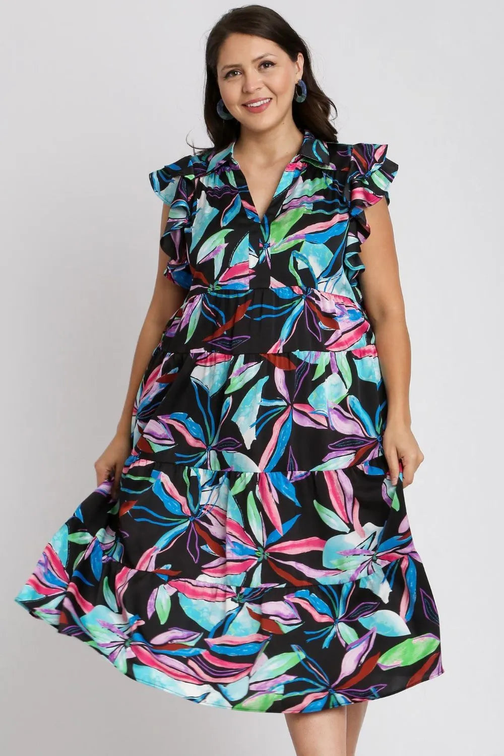 Leaf Print Double Ruffle Sleeve Tiered Midi Dress Vicsxox.com