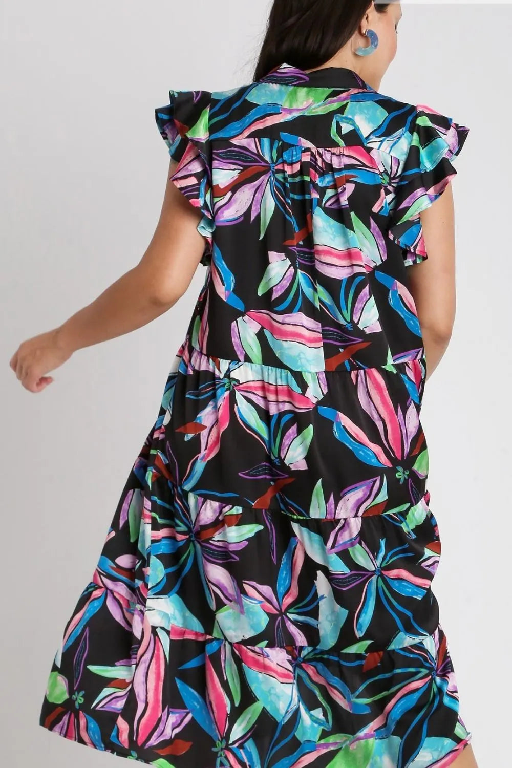 Leaf Print Double Ruffle Sleeve Tiered Midi Dress Vicsxox.com