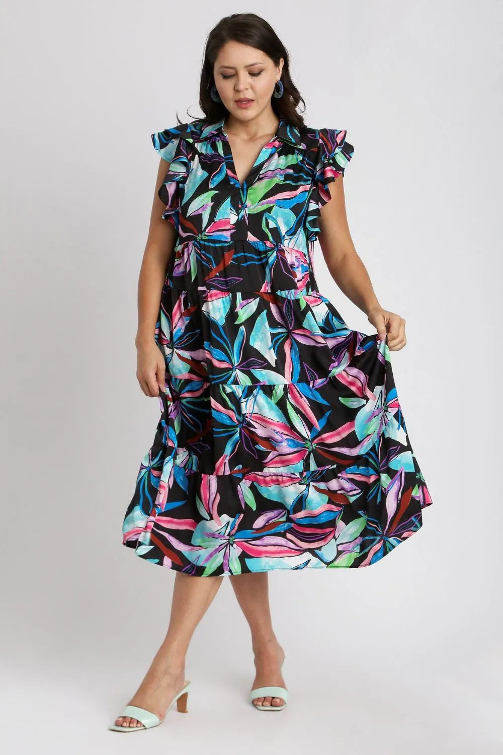 Leaf Print Double Ruffle Sleeve Tiered Midi Dress Vicsxox.com