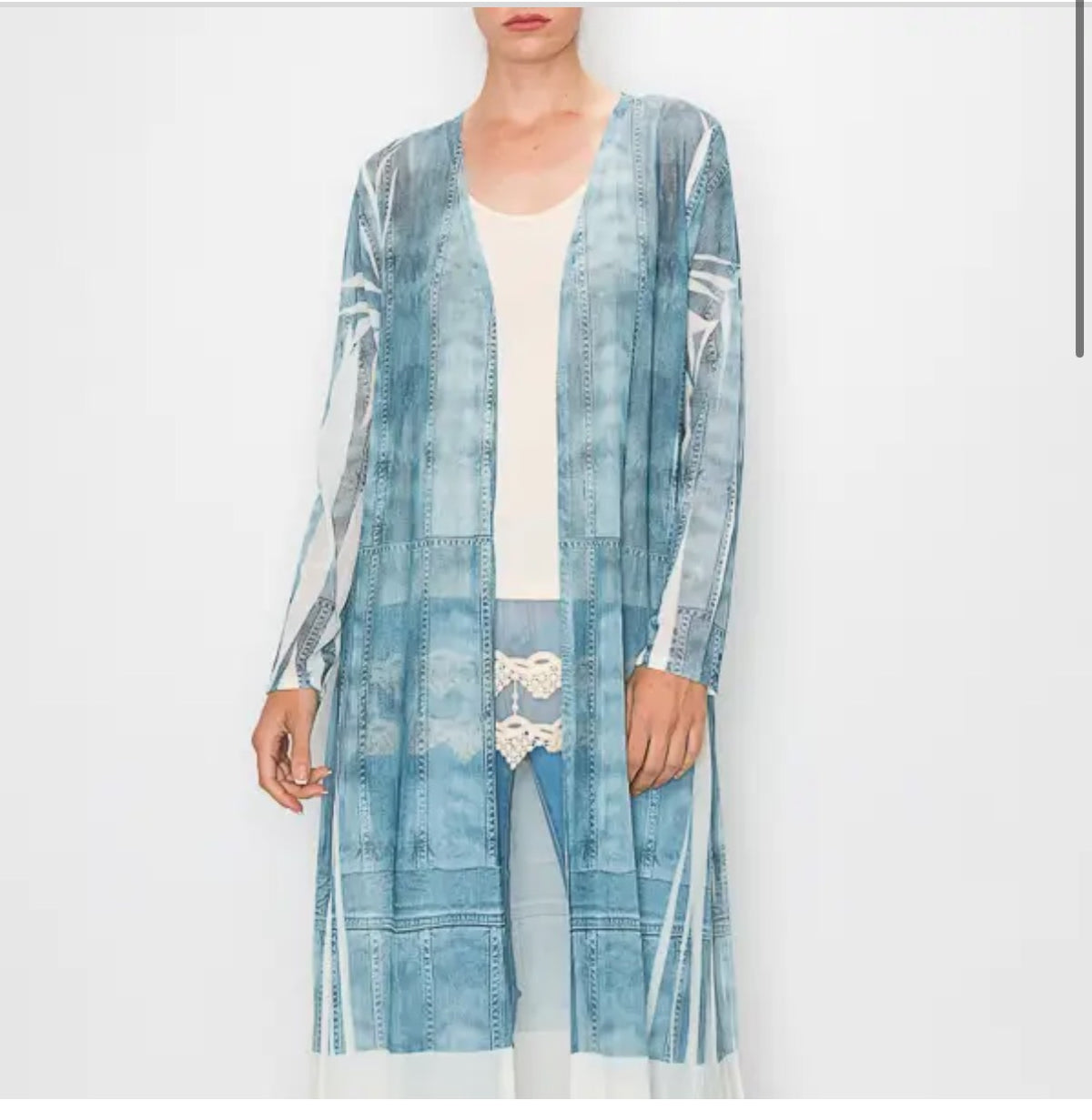 Lightweight Denim Print Mesh Duster – Sheer Open-Front Boho Kimono