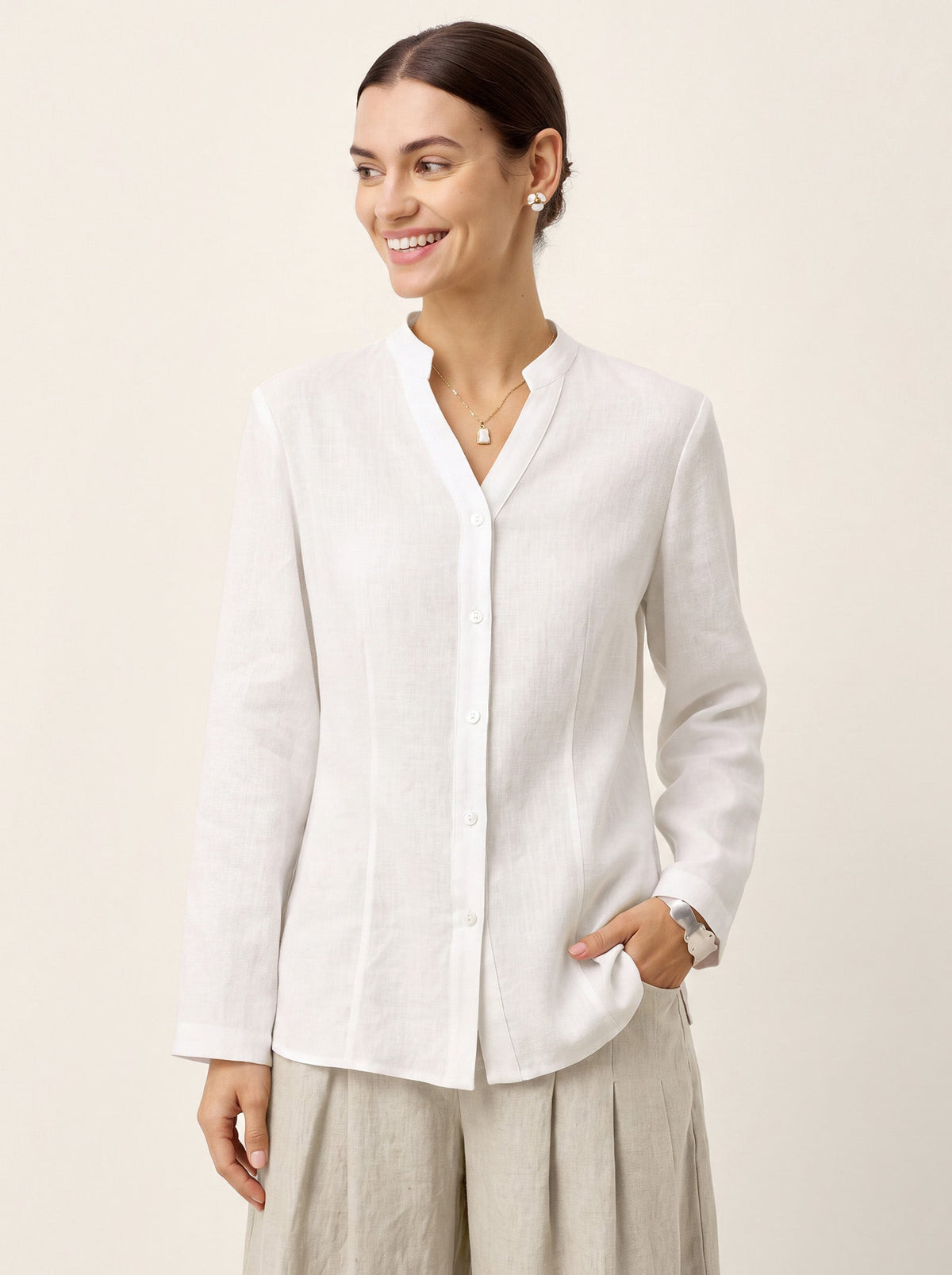 LINTICO THORA Linen–Lyocell Mandarin Collar Shirt