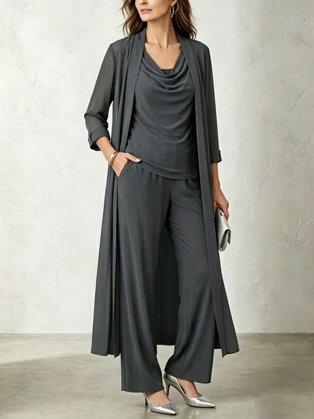Long Sleeve Swing Collar Cardigan & Wide-Leg Pants Three-Piece Set Vicxxox.com