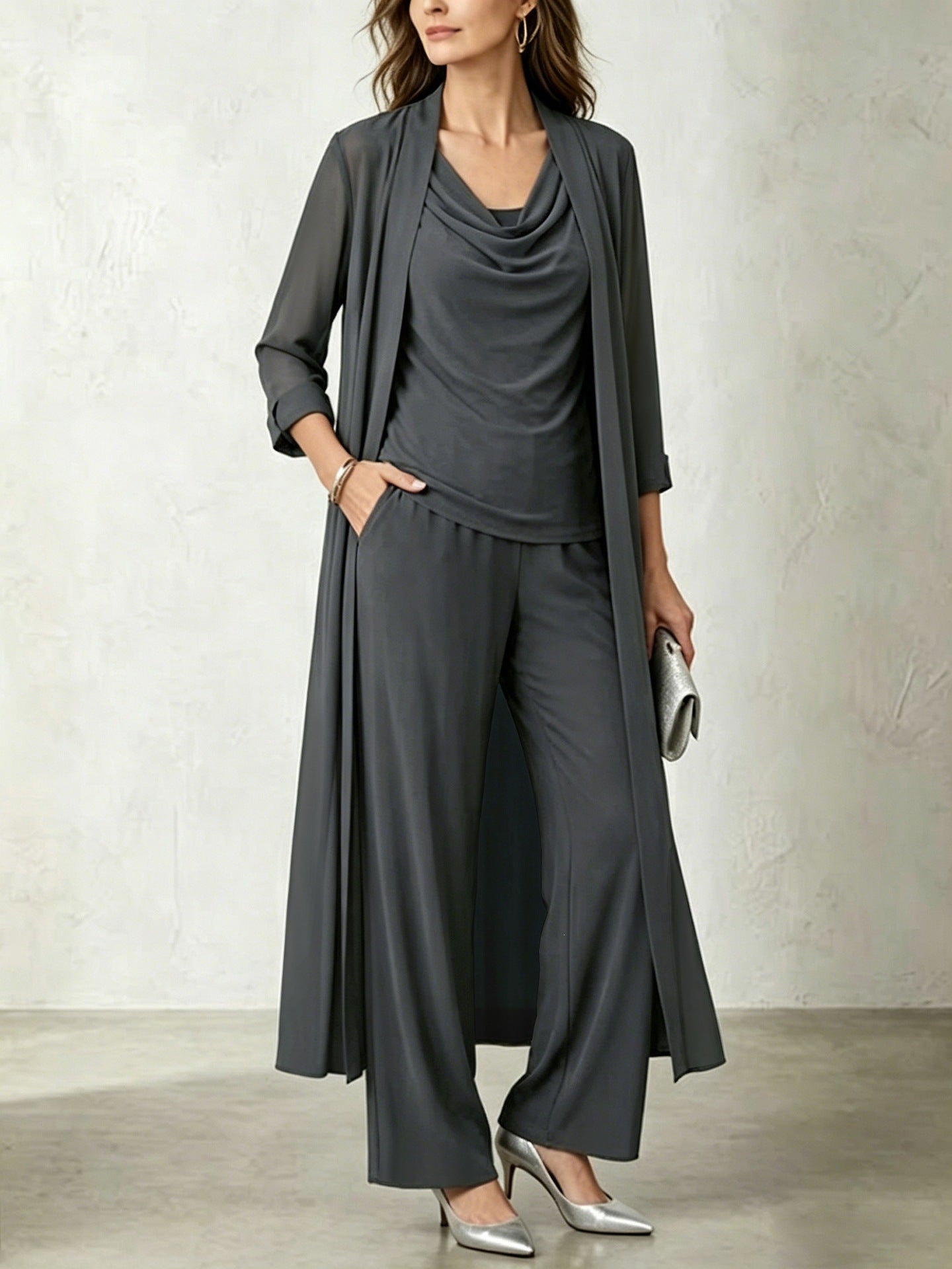 Long Sleeve Swing Collar Cardigan & Wide-Leg Pants Three-Piece Set Vicxxox.com