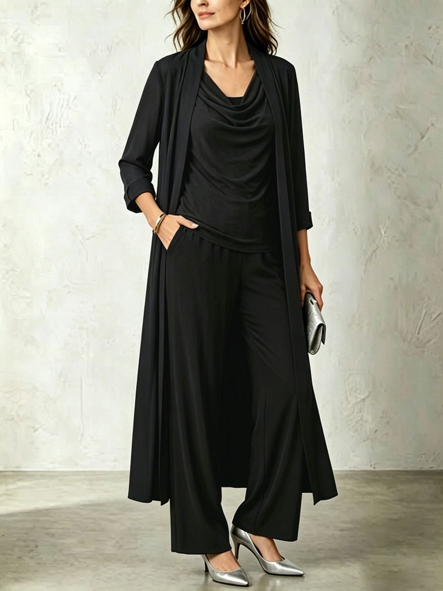 Long Sleeve Swing Collar Cardigan & Wide-Leg Pants Three-Piece Set Vicxxox.com