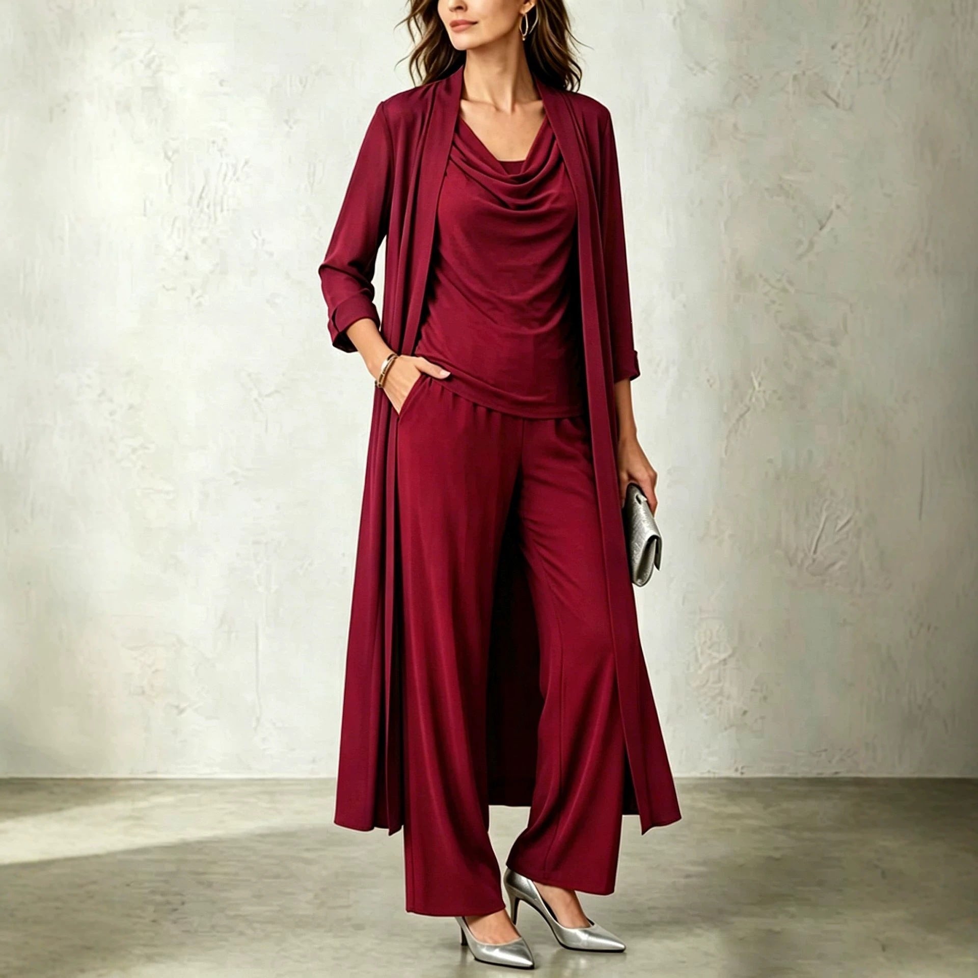 Long Sleeve Swing Collar Cardigan & Wide-Leg Pants Three-Piece Set Vicxxox.com