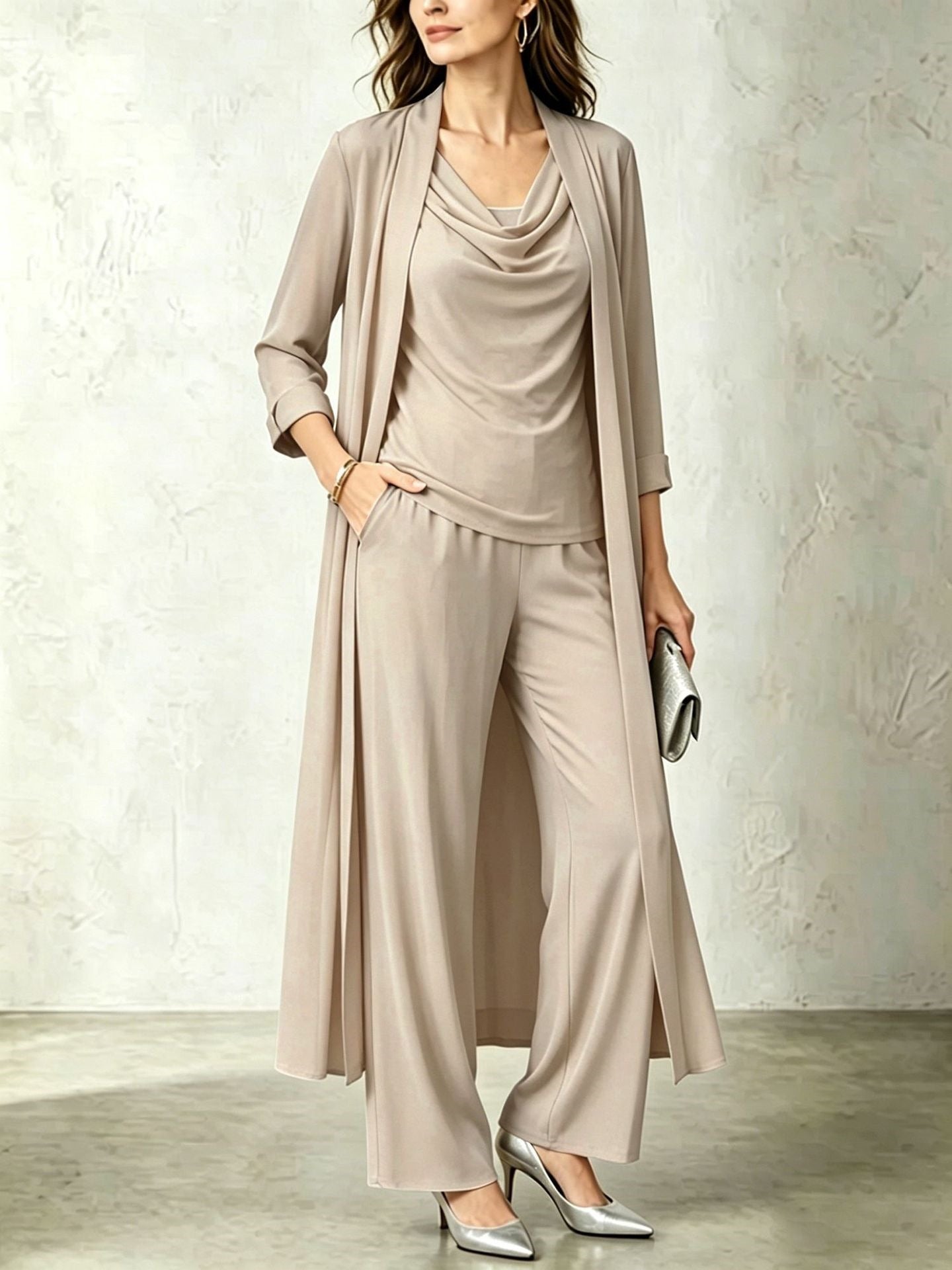 Long Sleeve Swing Collar Cardigan & Wide-Leg Pants Three-Piece Set Vicxxox.com