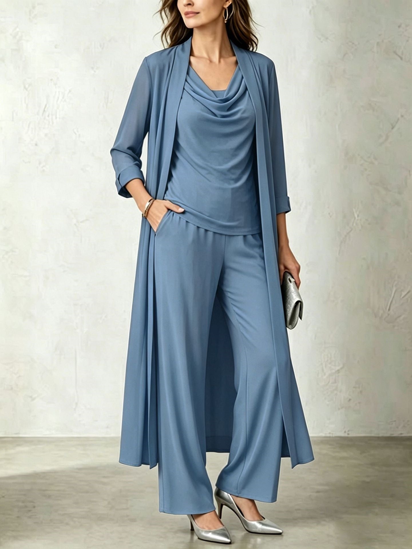 Long Sleeve Swing Collar Cardigan & Wide-Leg Pants Three-Piece Set Vicxxox.com