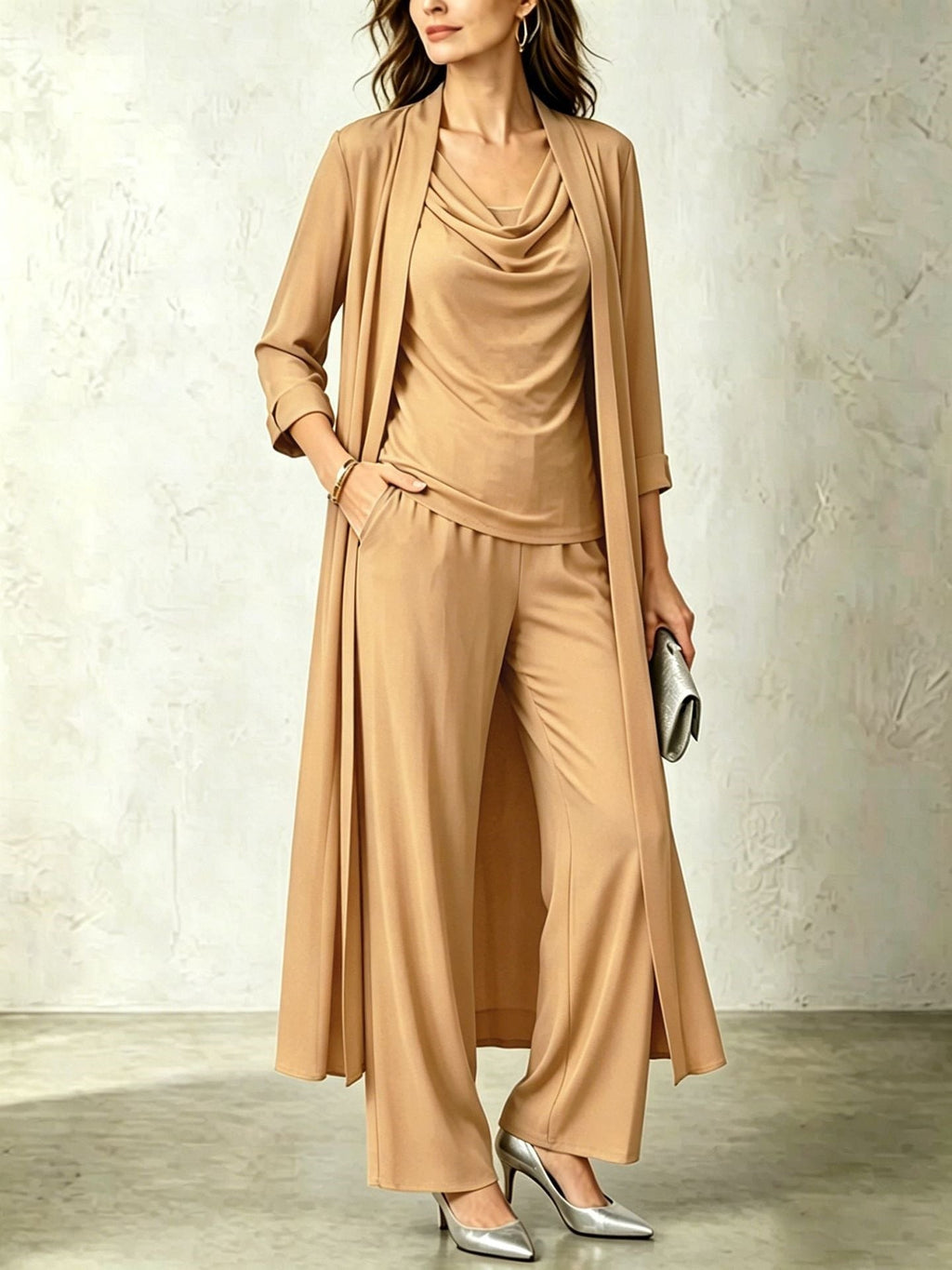 Long Sleeve Swing Collar Cardigan & Wide-Leg Pants Three-Piece Set Vicxxox.com