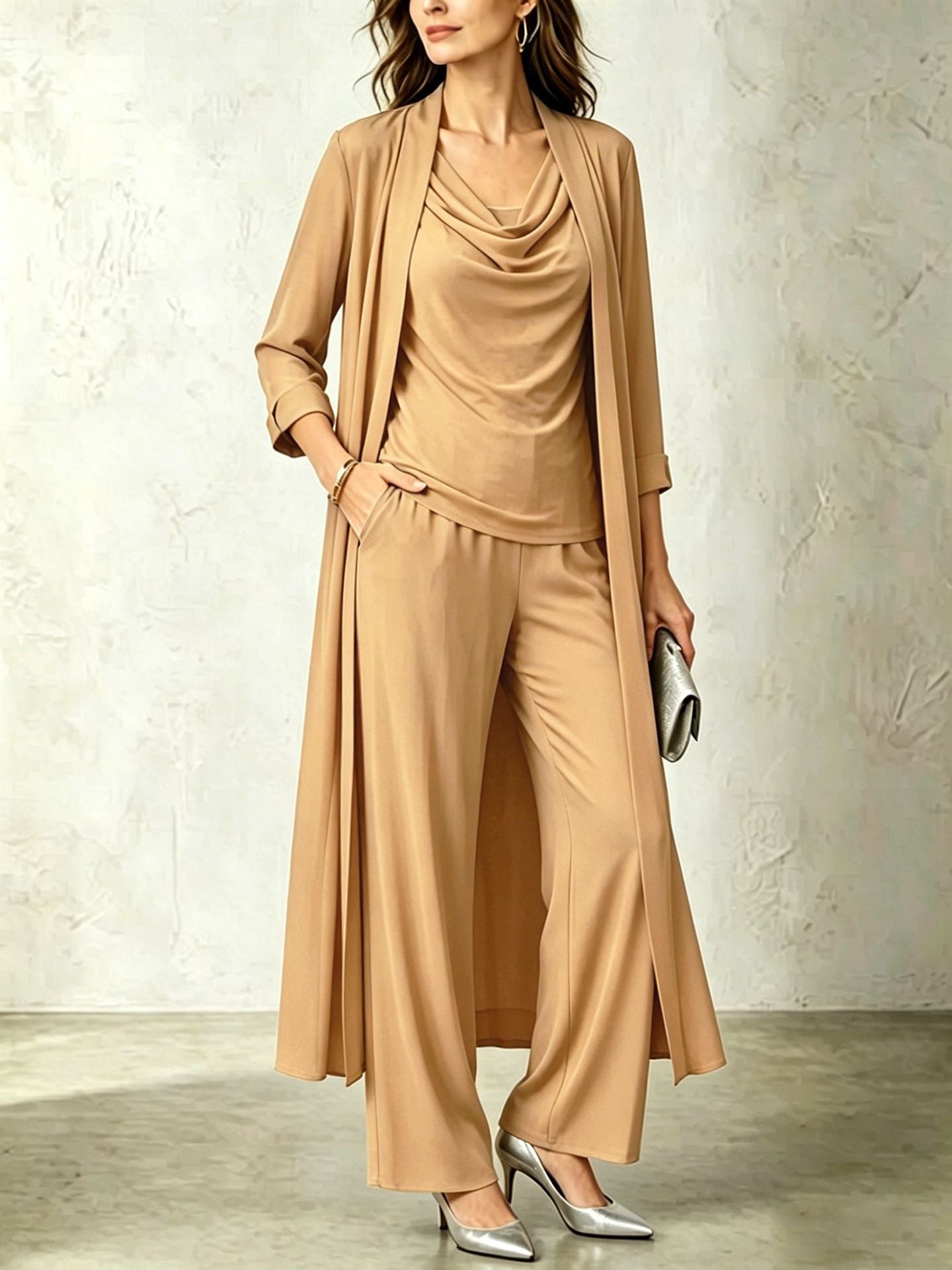 Long Sleeve Swing Collar Cardigan & Wide-Leg Pants Three-Piece Set Vicxxox.com