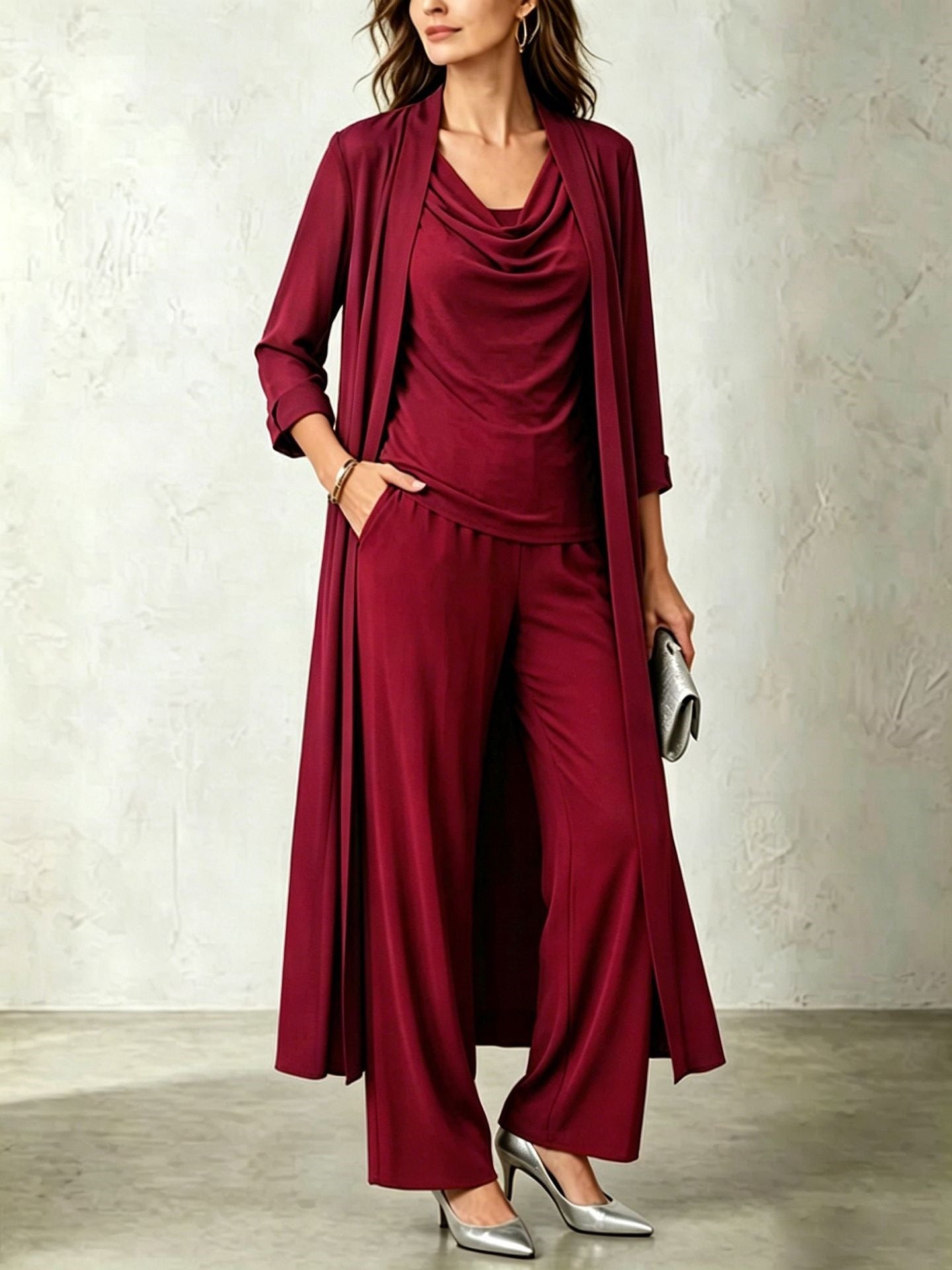 Long Sleeve Swing Collar Cardigan & Wide-Leg Pants Three-Piece Set Vicxxox.com