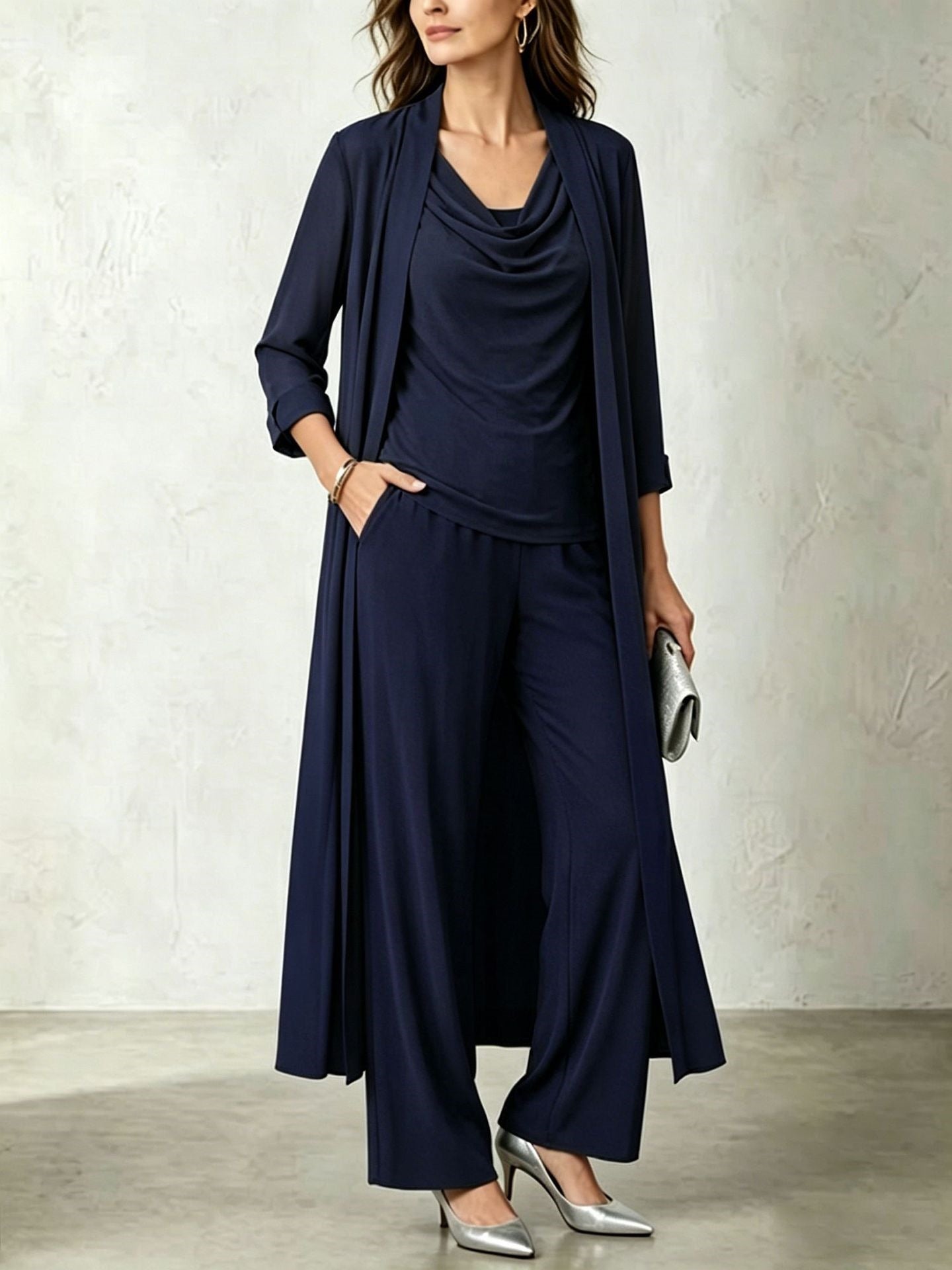 Long Sleeve Swing Collar Cardigan & Wide-Leg Pants Three-Piece Set Vicxxox.com