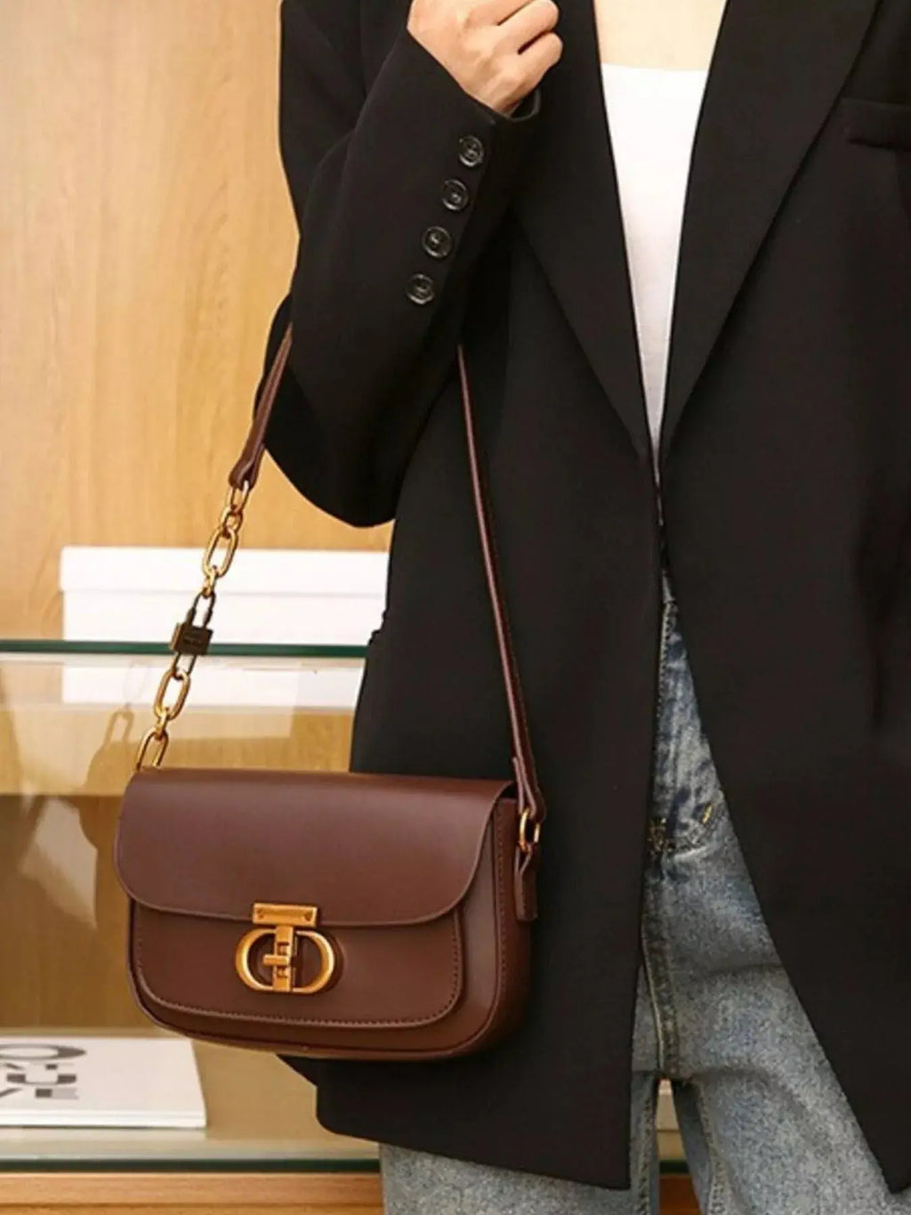 Mini Flap Shoulder Bag with Gold Chain Strap & Turn-Lock Closure  Vicsxox.com