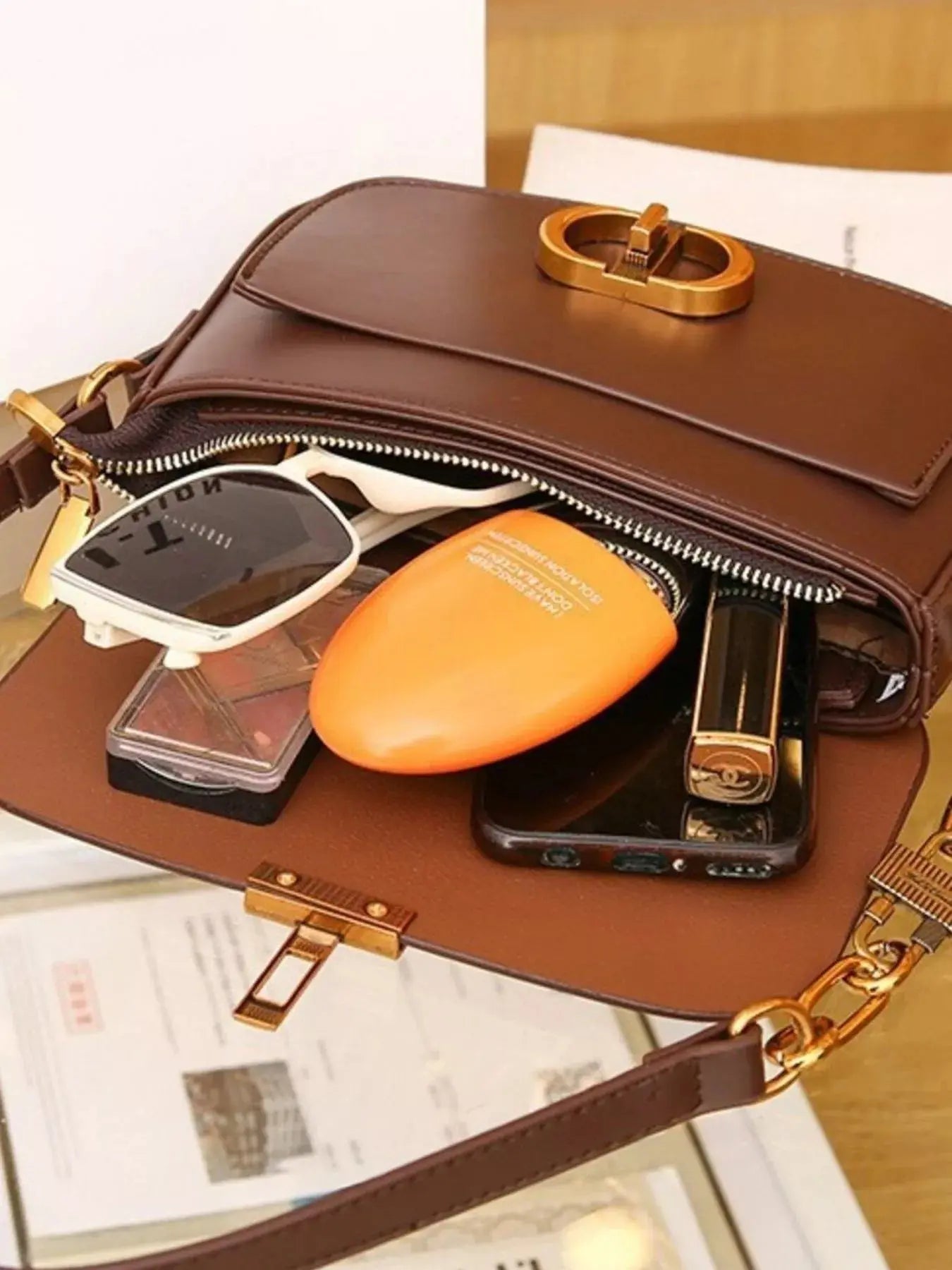 Mini Flap Shoulder Bag with Gold Chain Strap & Turn-Lock Closure Vicsxox.com