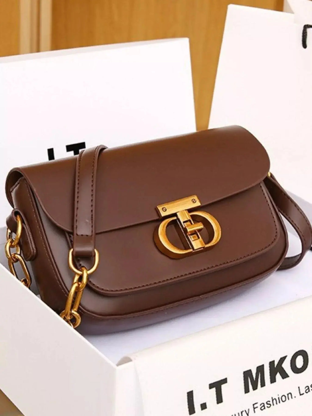 Mini Flap Shoulder Bag with Gold Chain Strap & Turn-Lock Closure Vicsxox.com