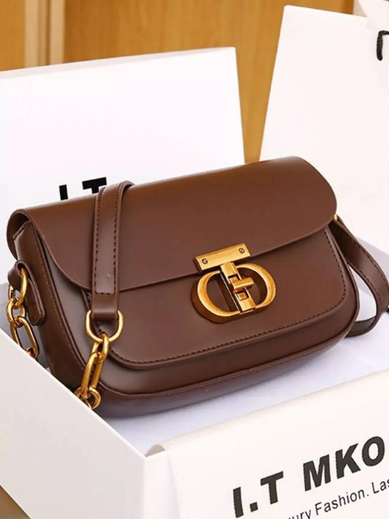 Mini Flap Shoulder Bag with Gold Chain Strap & Turn-Lock Closure Vicsxox.com