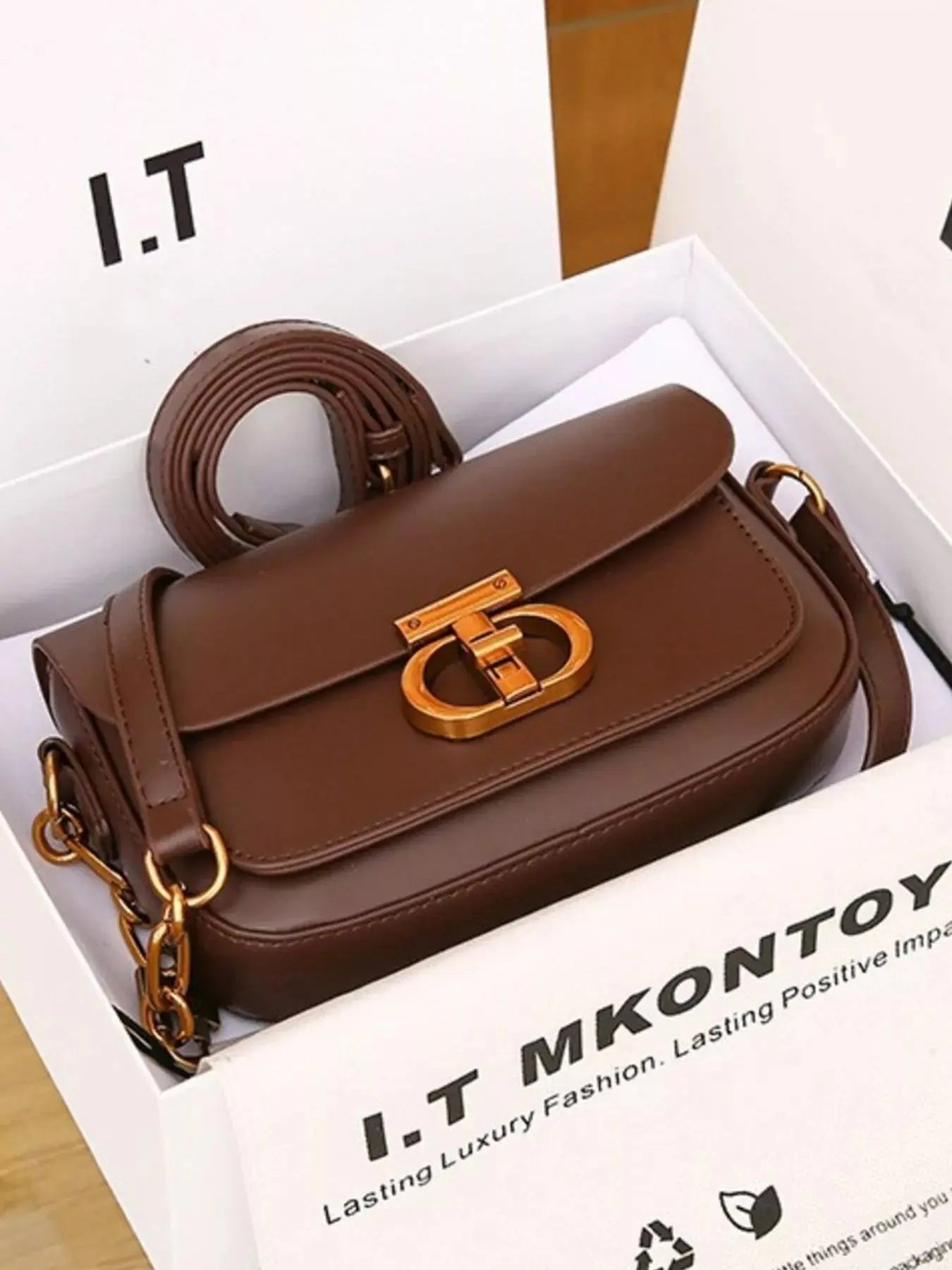 Mini Flap Shoulder Bag with Gold Chain Strap & Turn-Lock Closure Vicsxox.com