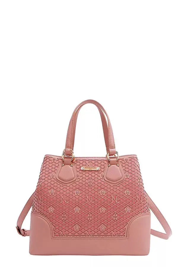 Monogram Grid Satchel Tote with Rhinestone Studs & Crossbody Strap Vicsxox.com
